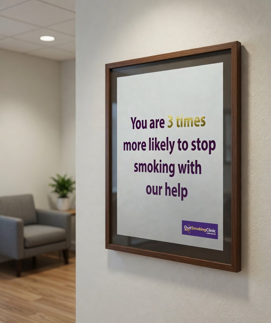 Framed poster at our Ladywood clinic: 'You are 3 times more likely to stop smoking with our help'